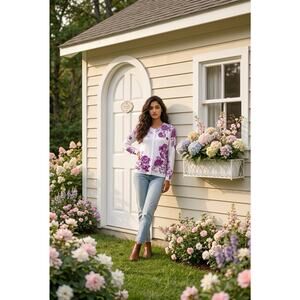 Christopher Banks White & Purple Floral design Cotton Cardigan Large